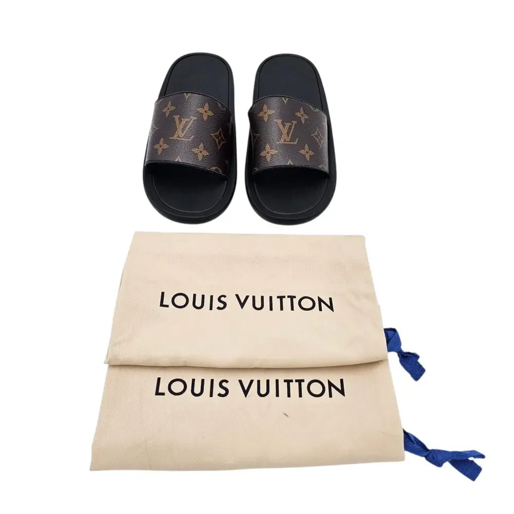Louis Vuitton Sunbath Slide Sandal Flat Gold Brown Monogram Canvas Size 37 US 7 - Picture 2 of 10